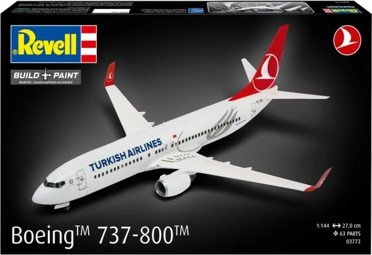Komplet model plastik Revell Boeing 737-800 Turkish Airlines, 1:144, 63 pjesë, Bardhë/Kuqe
