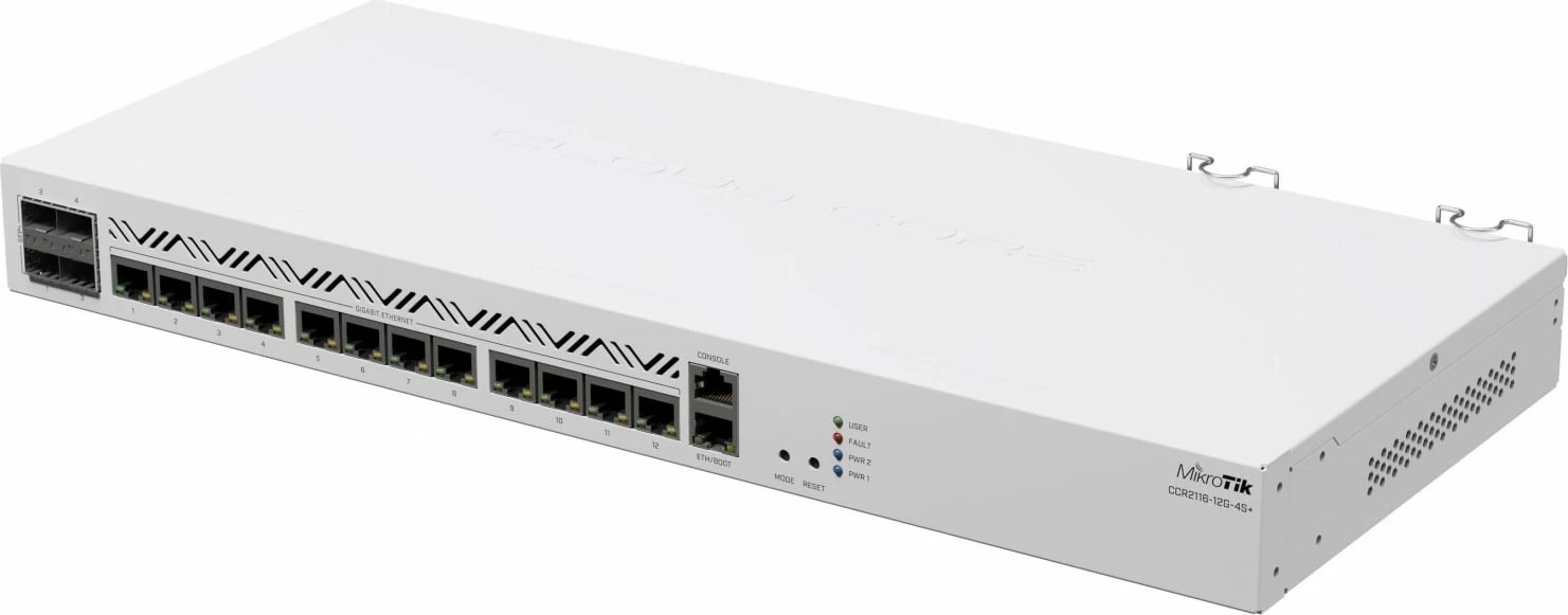 Switch MikroTik CCR2116-12G-4S+, 16 bërthama, 16GB RAM, 4x SFP+ 10G, i zi