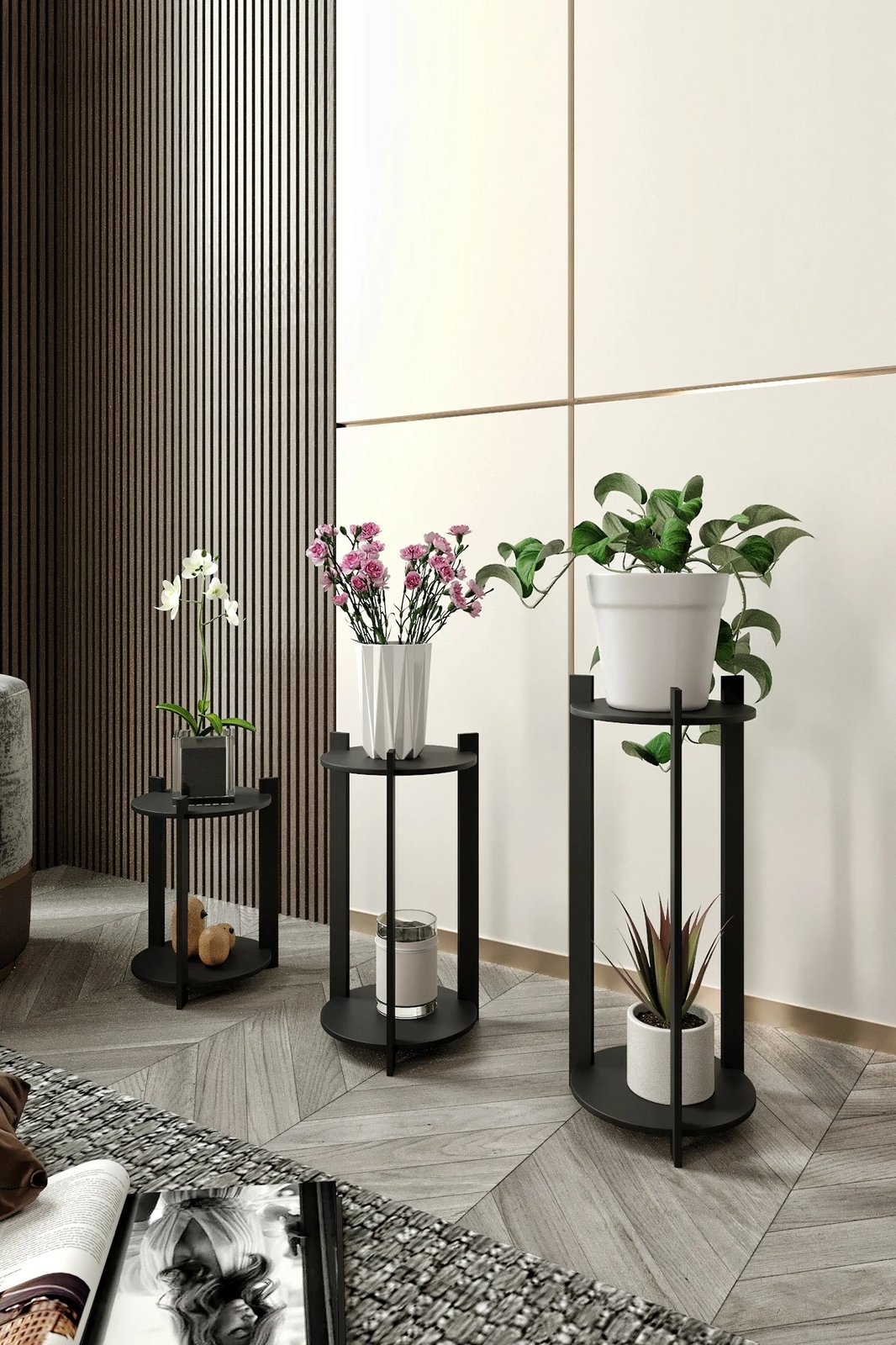 Stenda druri për lule, e zezë, Skye Decor, set prej 3 copash Stenda druri për lule, e zezë, Skye Decor, set prej 3 copash
