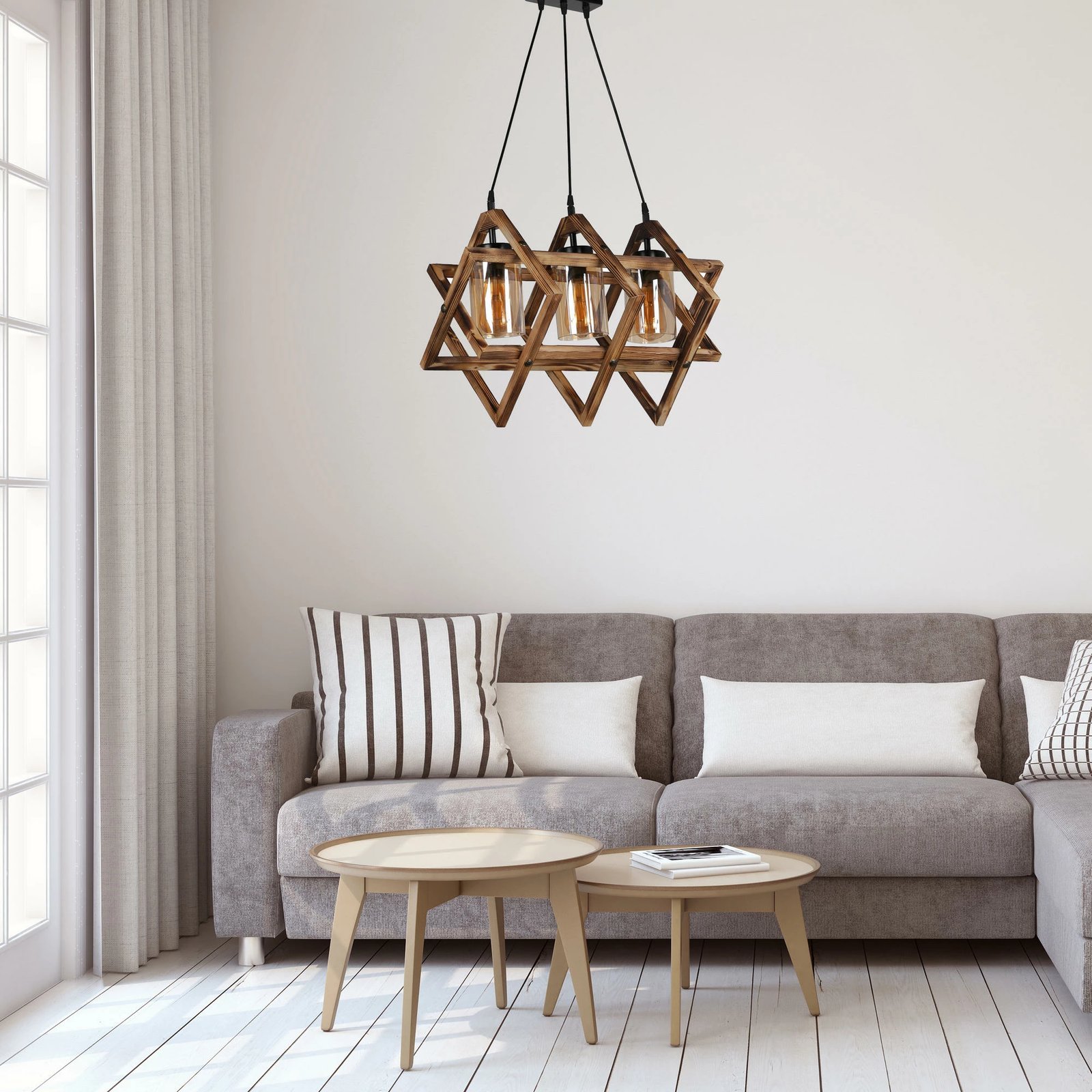 Llambë tavani prej druri, model Berlin, 3 drita, ngjyrë kafe