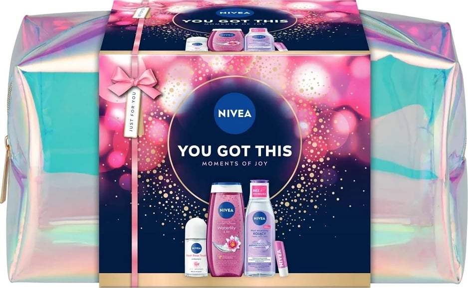 Set kozmetik për femra Nivea You Got This, 250ml xhel dushi + 200ml ujë micelar + 50ml roll-on + 4.8g balsam për buzë