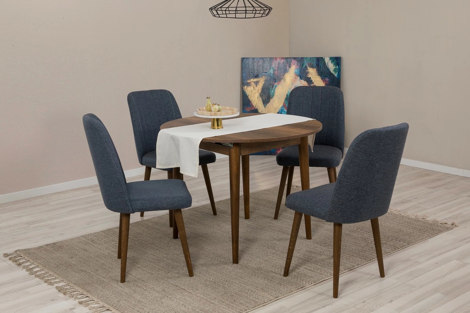 Tavolinë me karrige, zgjatshme, 5 copë, ngjyrë arre, blu e errët, Vina 1048