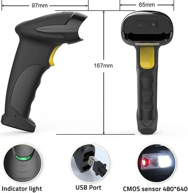 Skaner barkodesh me lazer Qoltec 50853, 1D/2D, i zi/verdhe, me kabllo USB