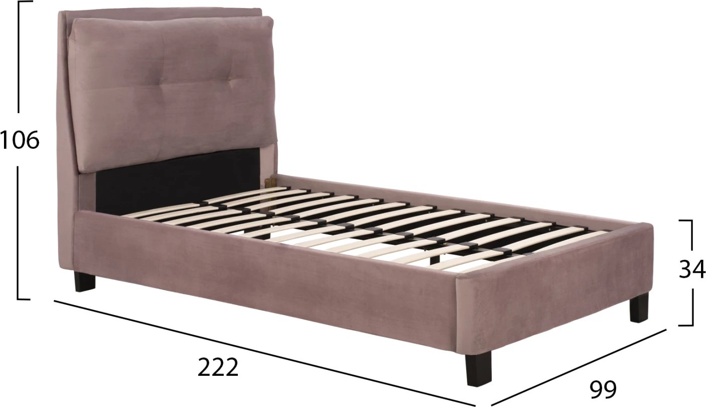 Krevat Riley FH561.02 90x200cm, stof kadife ngjyrë rozë e pluhurosur