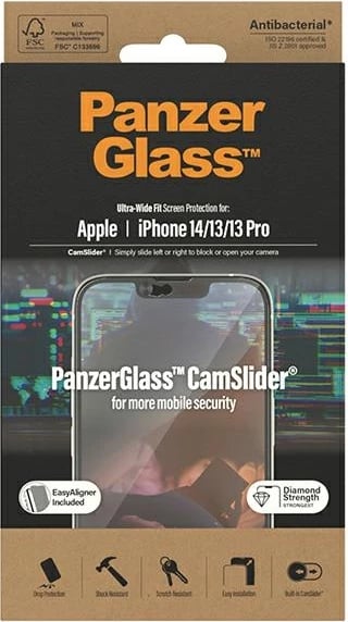 Mbrojtës ekrani xhami PanzerGlass Ultra-Wide Fit CamSlider për iPhone 14/13/13 Pro, antibakterial, me mbulesë kamere