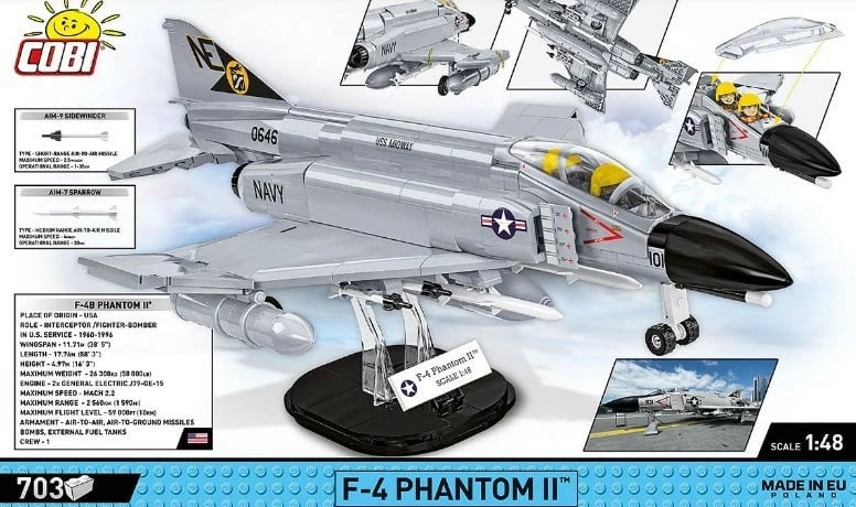 Set blloqesh Cobi Klocki Armed Force F-4 Phantom II, 703 pjesë, gri