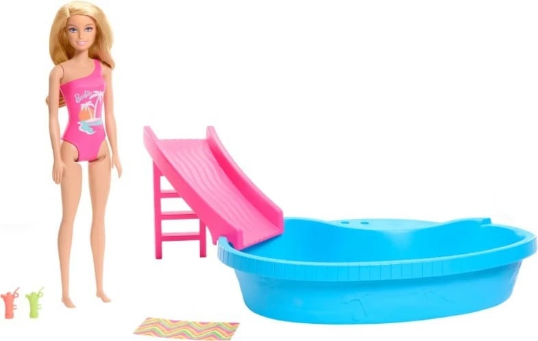 Set lodrash Barbie Mattel HRJ74 me pishinë dhe aksesorë, rozë