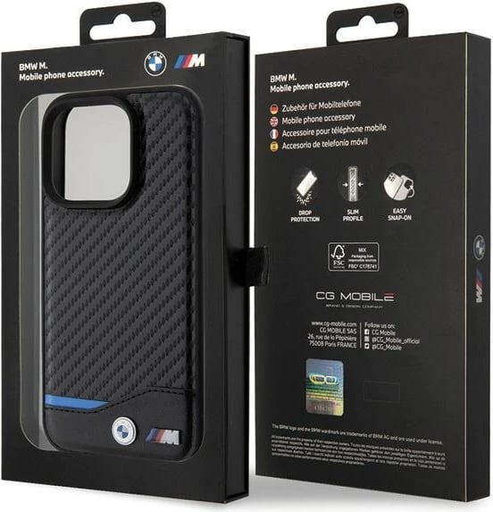 Mbështjellës BMW Leather Carbon për iPhone 15 Pro, i zi