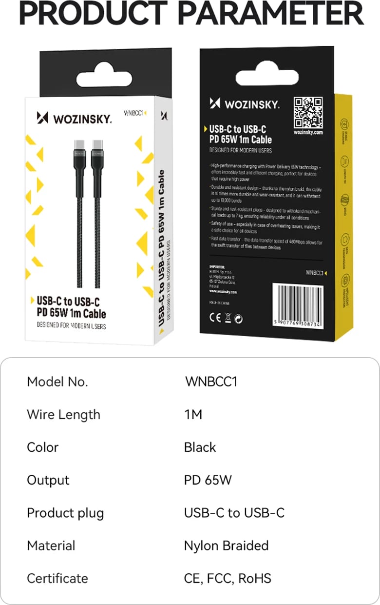 Kabllo USB-C në USB-C Wozinsky WNBCC1, 1m, 65W, najlon, e zezë
