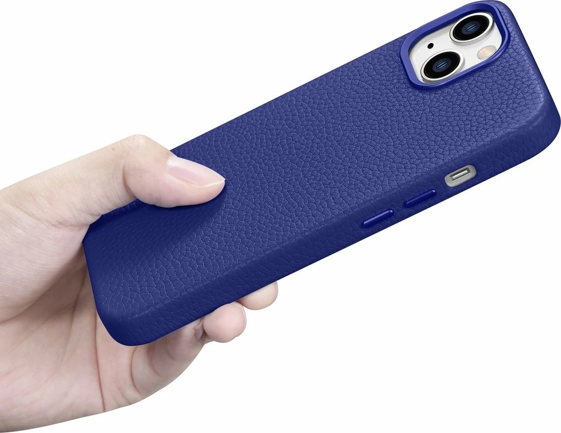 Mbështjellës iCarer Litchi Premium për iPhone 14 me MagSafe, Lëkurë, Blu e errët