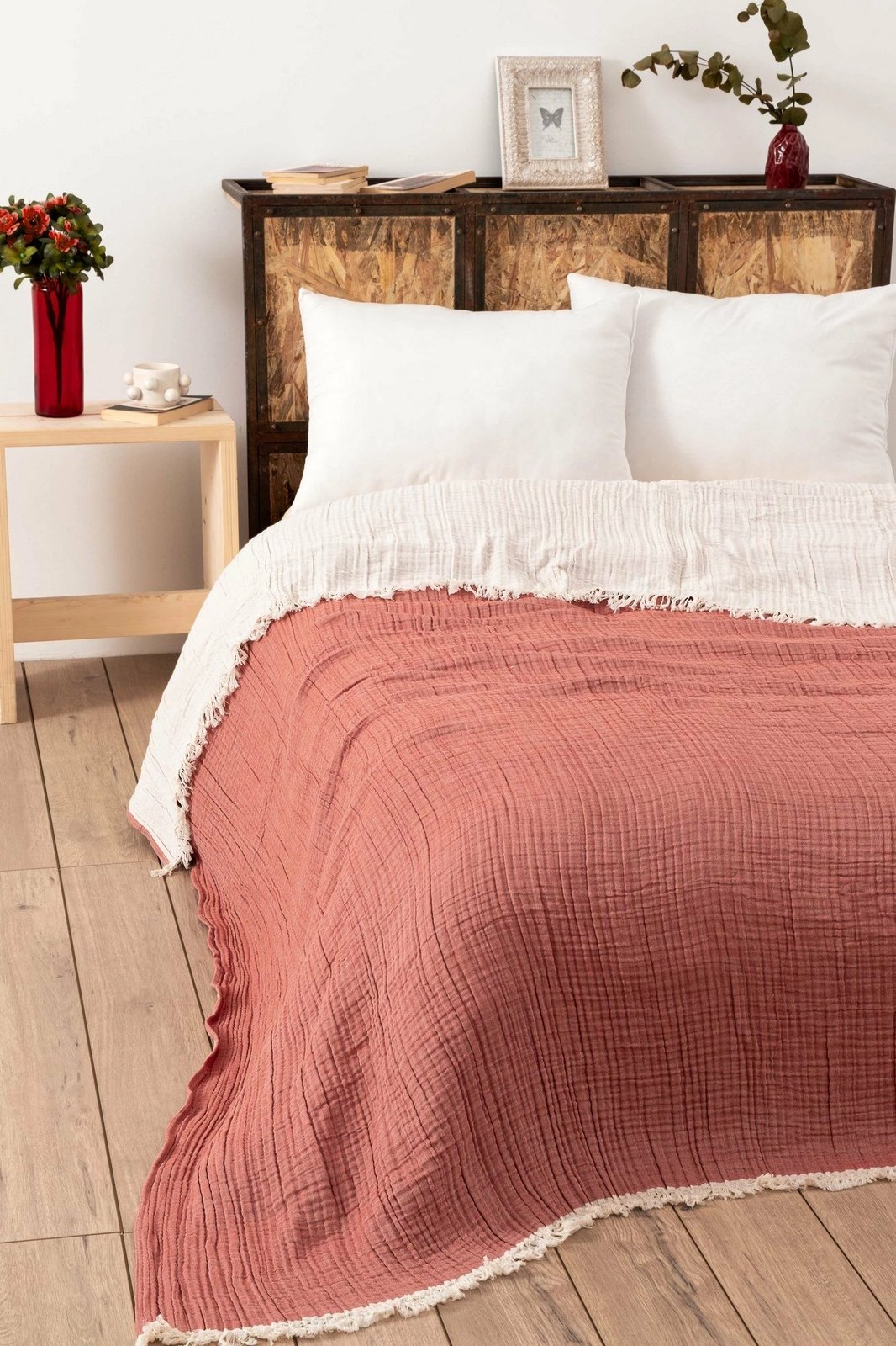 Mbulesë krevati dopio, muslin, ngjyrë e kuqe tullë, 170x250cm