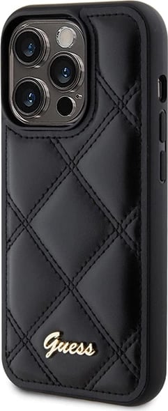 Mbështjellës Guess Quilted Metal Logo për iPhone 15 Pro Max, i zi