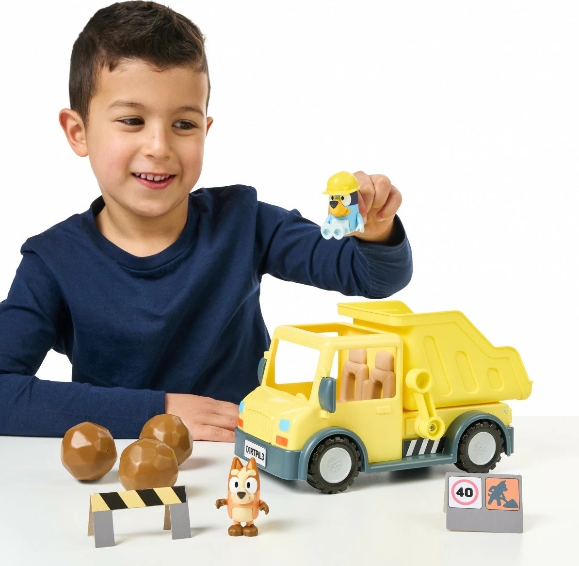 Set lodrash Bluey me kamion dump truck dhe 2 figurina, plastikë, verdhë