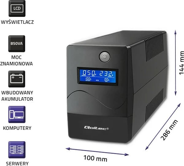 Kasë UPS Qoltec Monolith 850VA 480W me LCD, USB, RJ45, e zezë