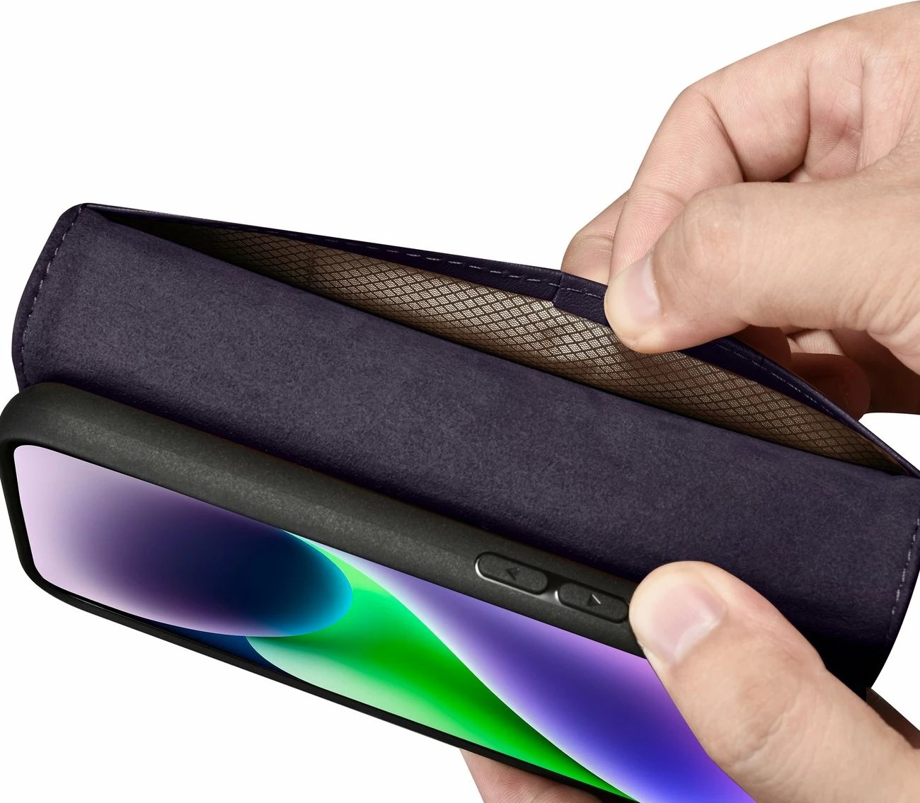 Mbështjellës iCarer Wallet Case 2in1 për iPhone 14, lëkurë natyrale, Anti-RFID, Vjollcë e errët