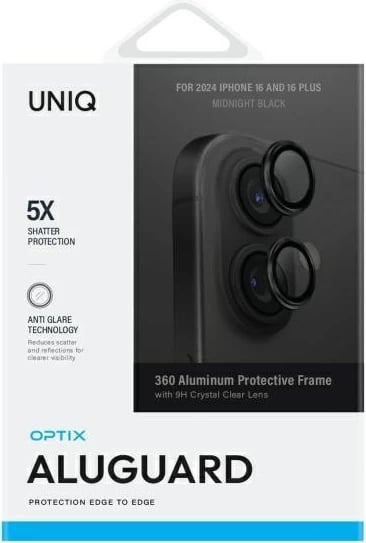 Mbrojtës lentash UNIQ Optix për kamera, për iPhone 16 / 16 Plus, alumini, i zi