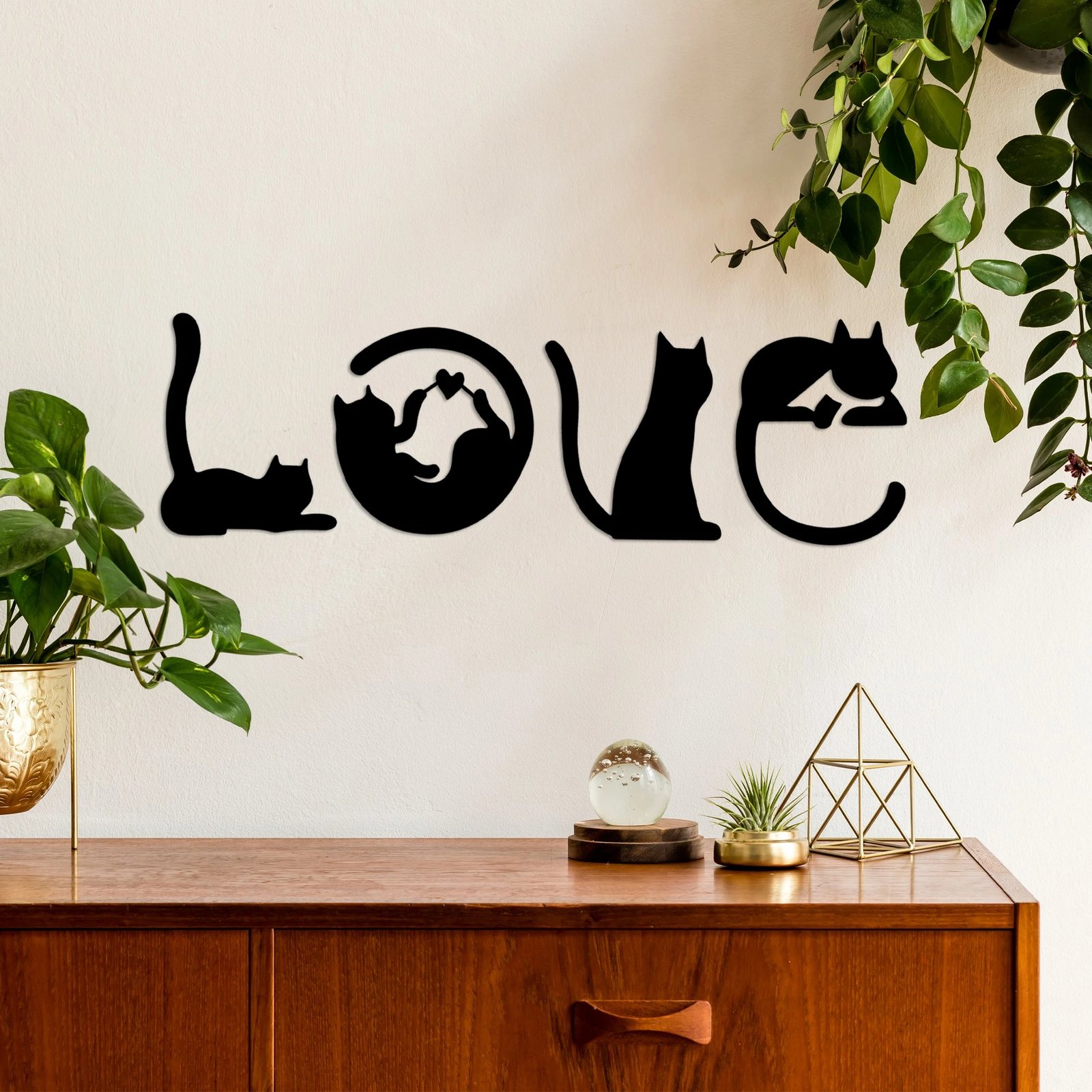 Aksesor dekorativ metalik për mur, mace, Wallity, Cat 11, ngjyrë e zezë, 60x19cm