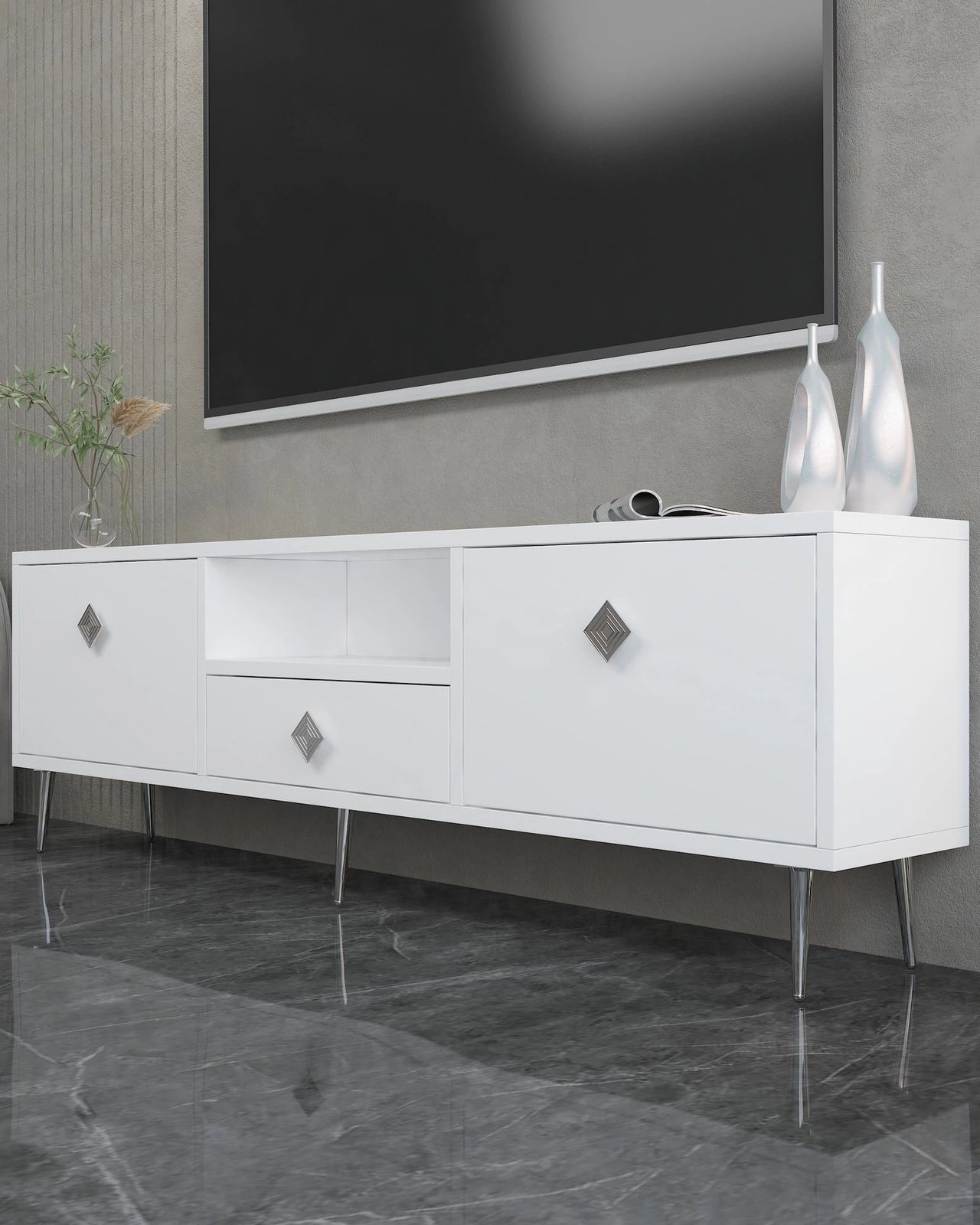 Komodë TV Skye Decor, 1308-DROP-1, e bardhë, argjend