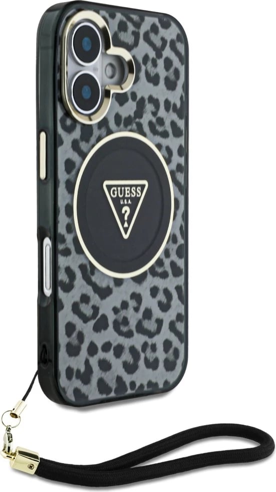 Mbështjellës Guess HC IML Leopard Triangle Cord Strap për iPhone 16, MagSafe, i zi