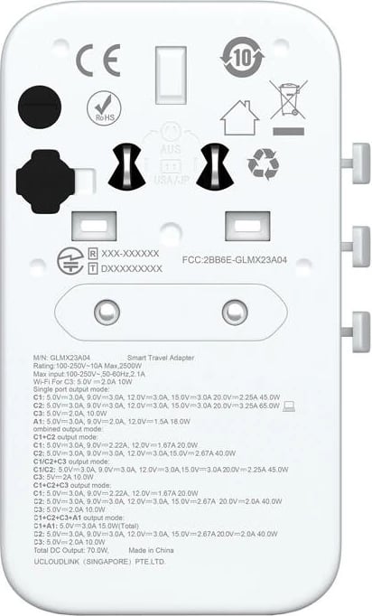 Adapter udhëtimi me hotspot Wi-Fi 4G/LTE GlocalMe Roamplug, 70W, i bardhë