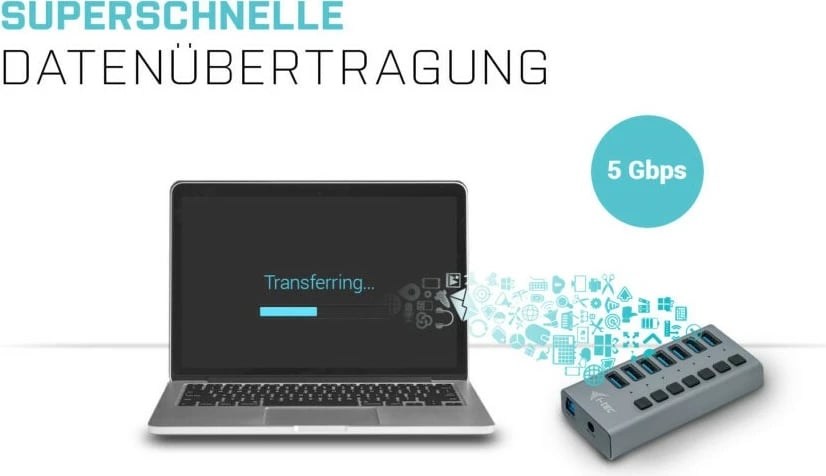 HUB USB 3.0 I-Tec 7 porta, 36W, alumini, gri