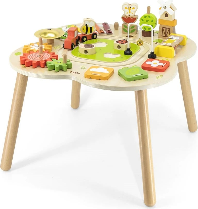 Tavolinë aktiviteti druri, Viga Farm, ah druri, për fëmijë 18m+, multingjyrëshe