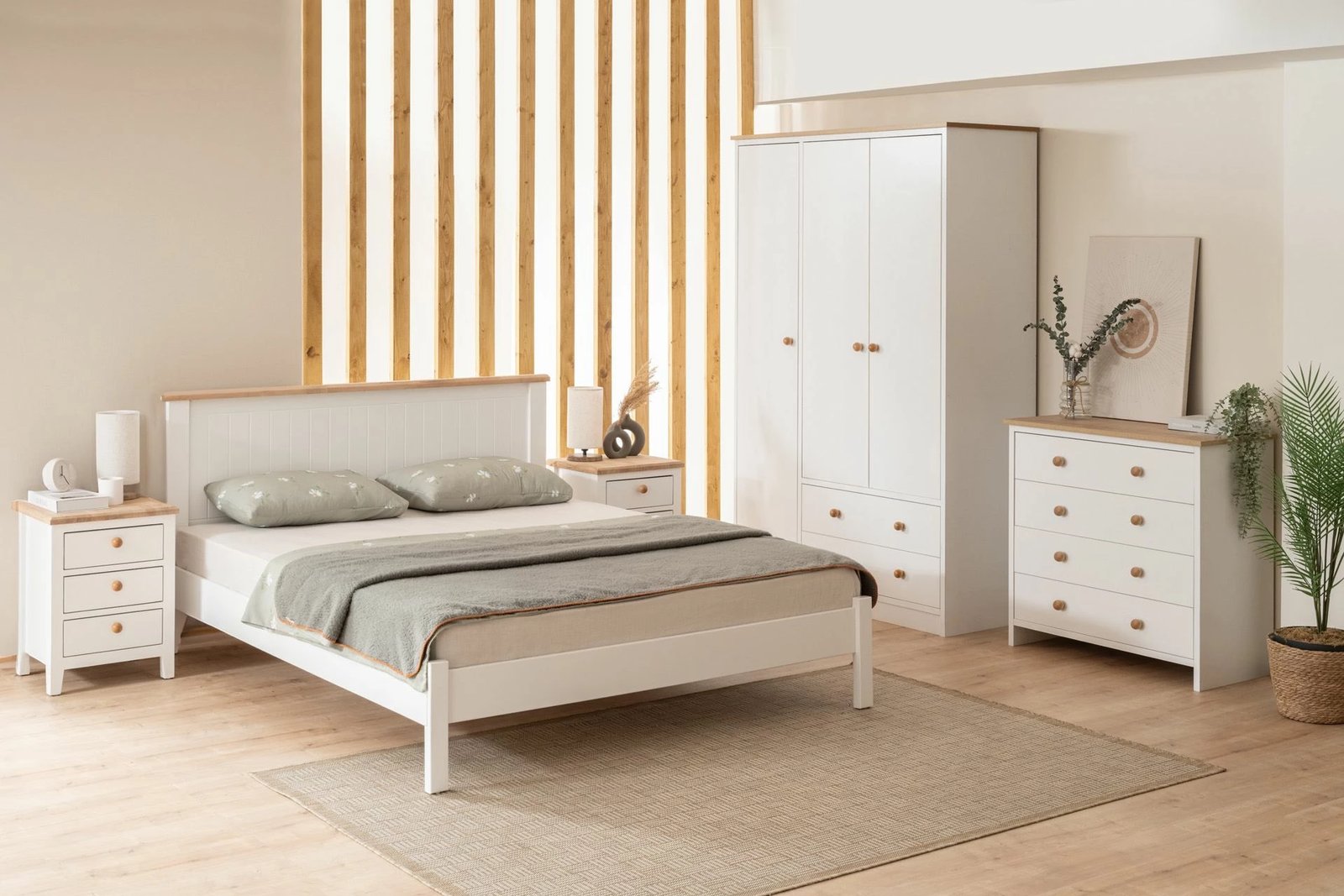 Krevat dopio Skye Decor, stil modern country, 160x200, ngjyrë e bardhë dhe lis