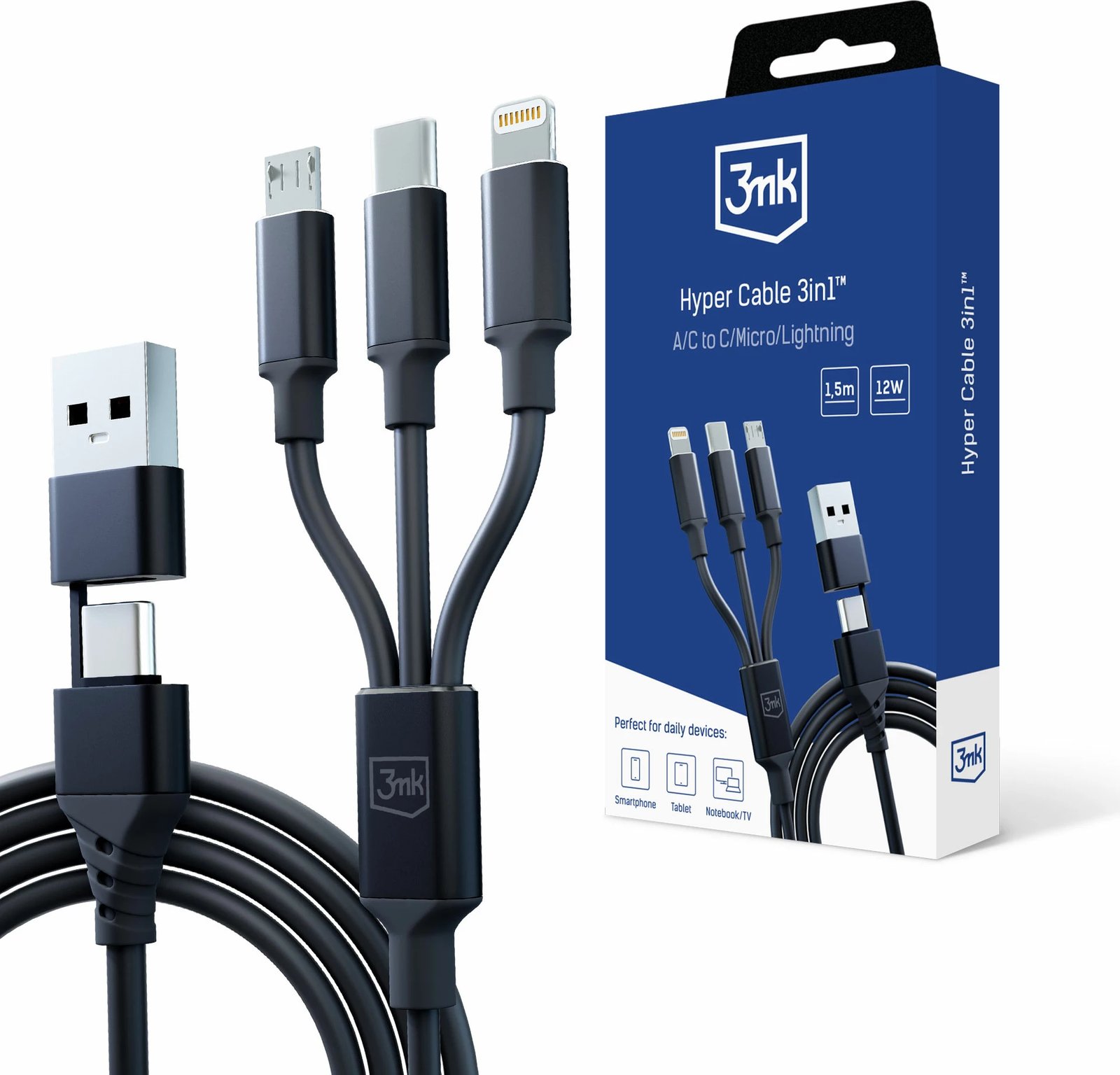 Kabllo 3in1 3mk Hyper Cable, 1.5m, USB-A në USB-C/Micro USB/Lightning, e zezë