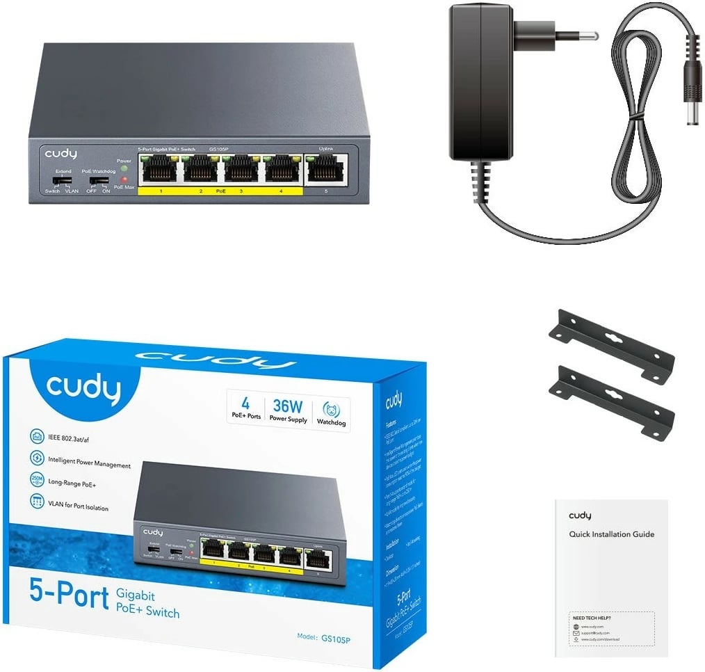 Switch Cudy GS105P 5 porta Gigabit PoE+ 36W fanless desktop/Wall-mount