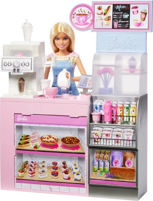 Set lodër Barbie Barista me kukull dhe kafene, Mattel HXN94, 12+ aksesorë, rozë