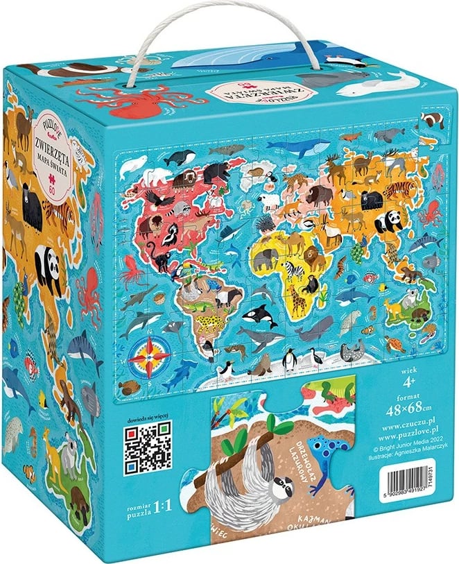 Puzzle edukativ CzuCzu Puzzlove, 60 pjesë, Harta e Botës me Kafshë, për fëmijë