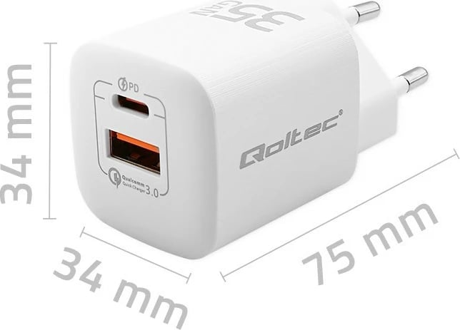 Mbushës muri Qoltec 50763, 35W, GaN, 1x USB Type C PD, 1x USB, Bardhë