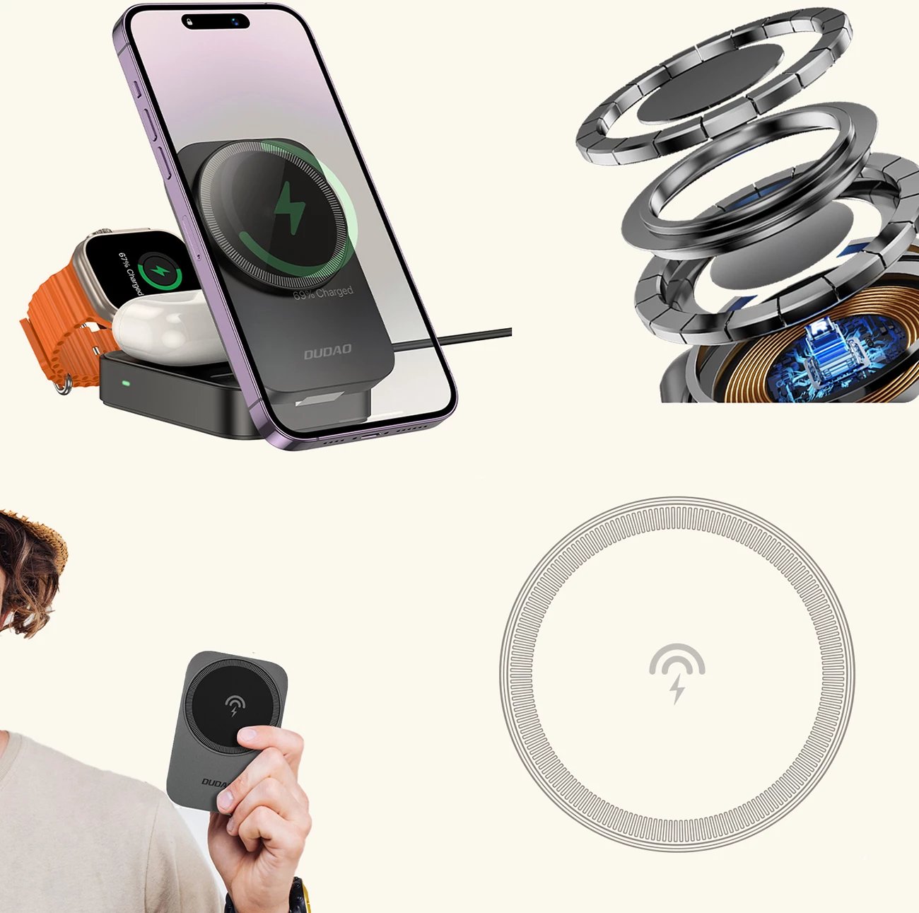 stacion karikimi pa tel 3-në-1, Dudao A11 Max, 15W MagSafe, hyrje USB-C, gri