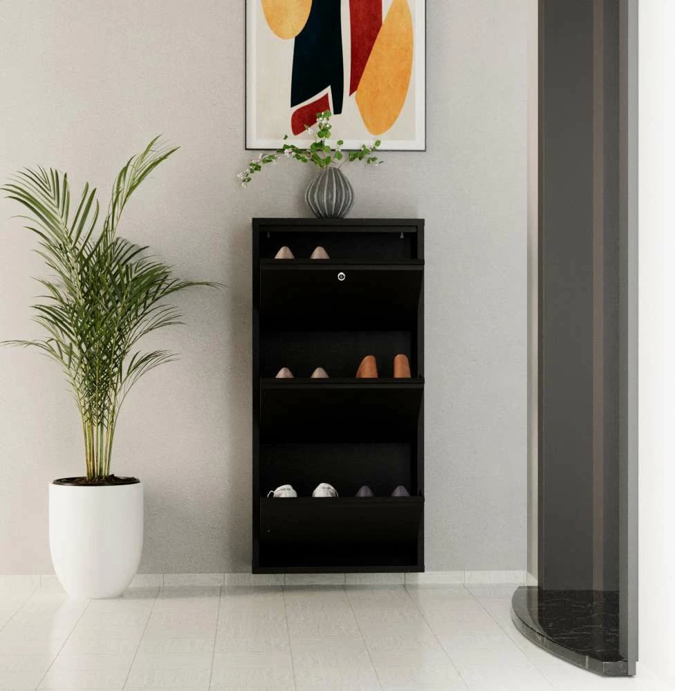 Dollap këpucësh Skye Decor, metal, 3 pjesë, ngjyrë e zezë, me kyçje