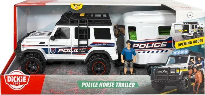 Set lodrash policie Dickie SOS Vehicle Police Set Horse, 40 cm, me drita dhe zë, me figurina dhe rimorkio, Bardhë