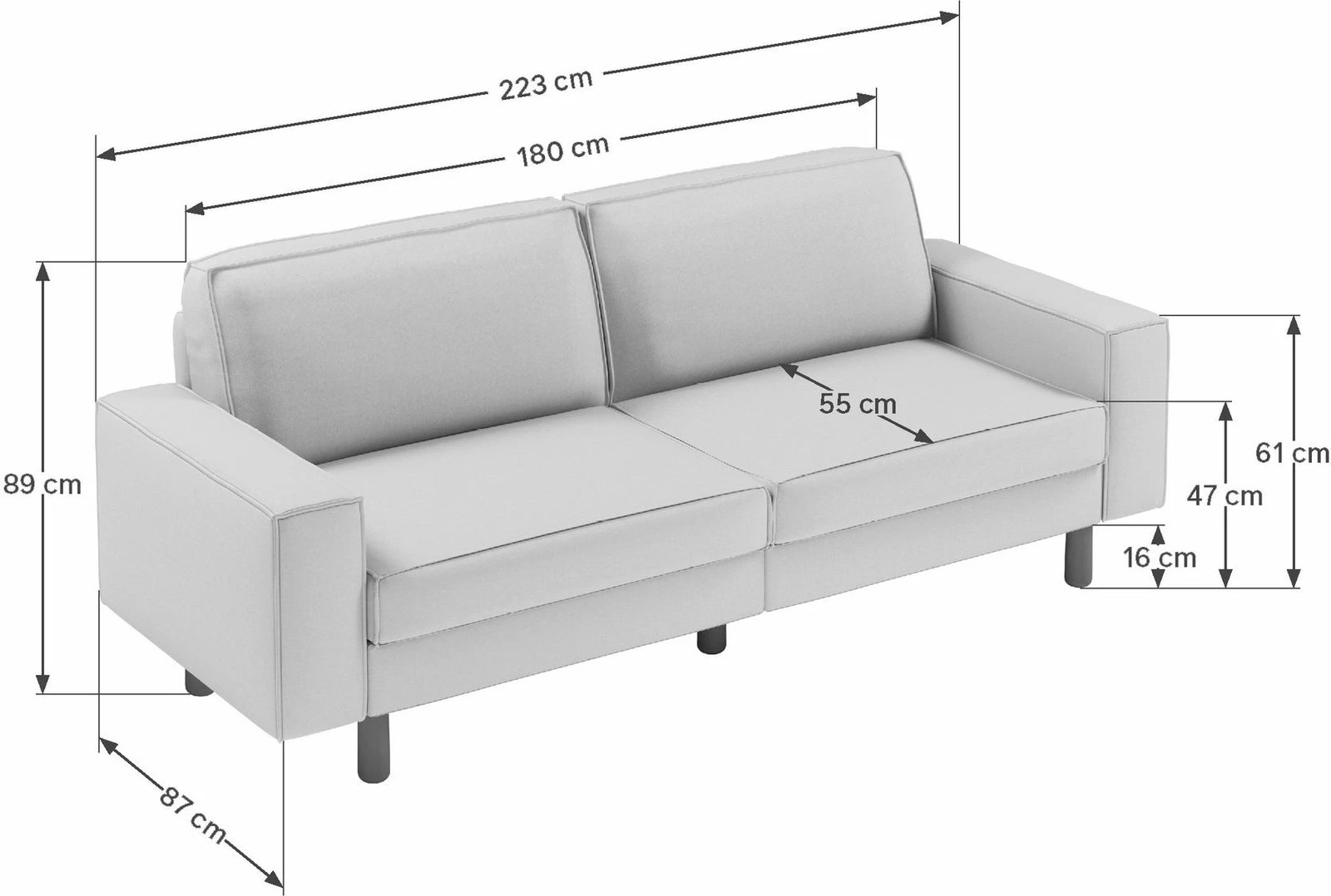 Divan treshe Atelier del Sofa, ngjyrë obsidian, këmbë dru arre