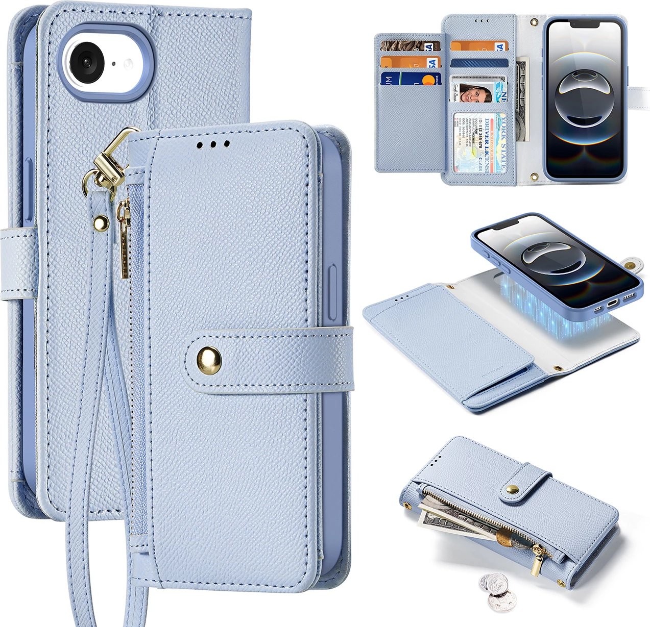 Mbështjellës Dux Ducis Lawa për iPhone 16e, lëkurë, me portofol magnetik, Blu