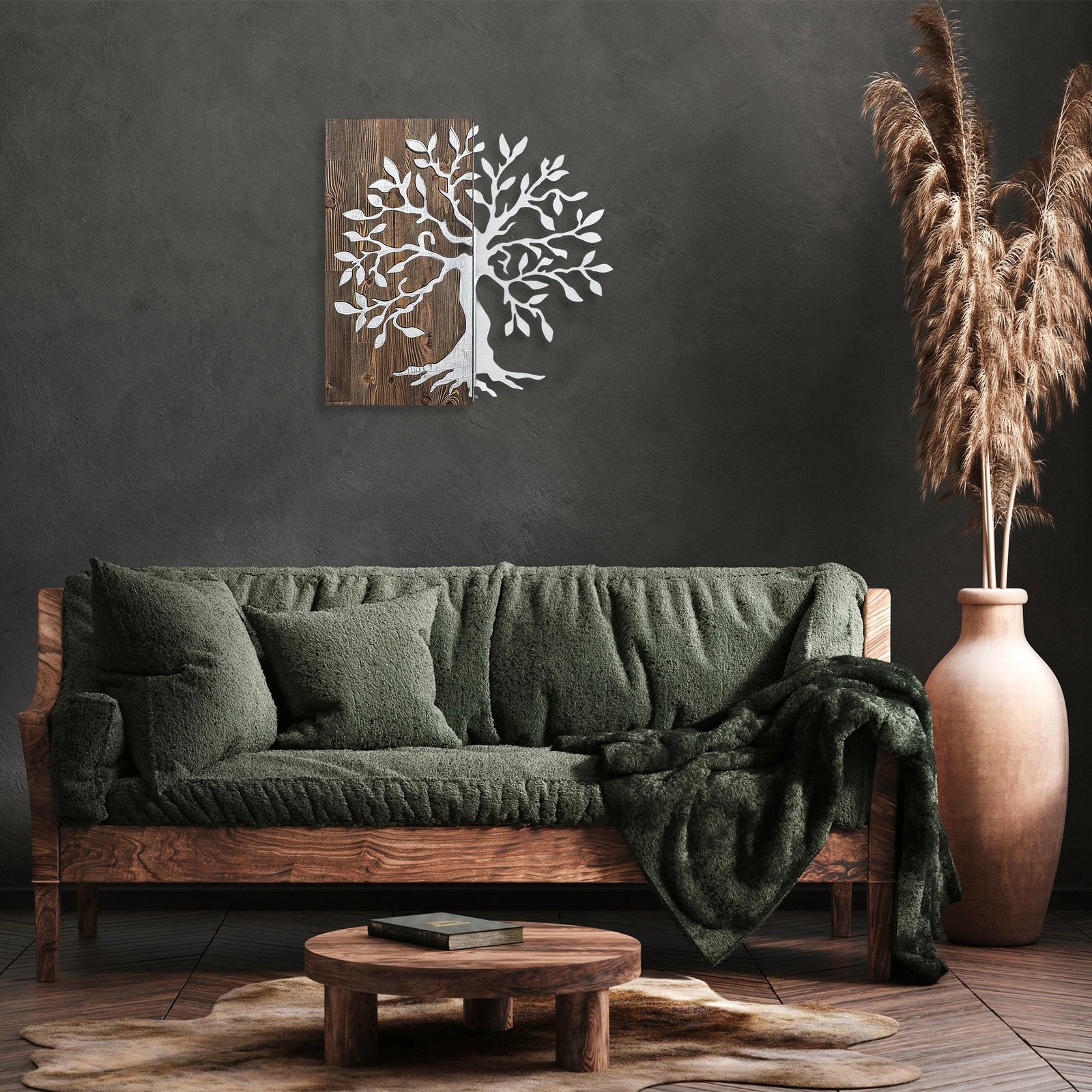 Aksesor dekorativ për mur, dru dhe metal, pemë, ngjyrë arrë dhe argjend, 58x58cm