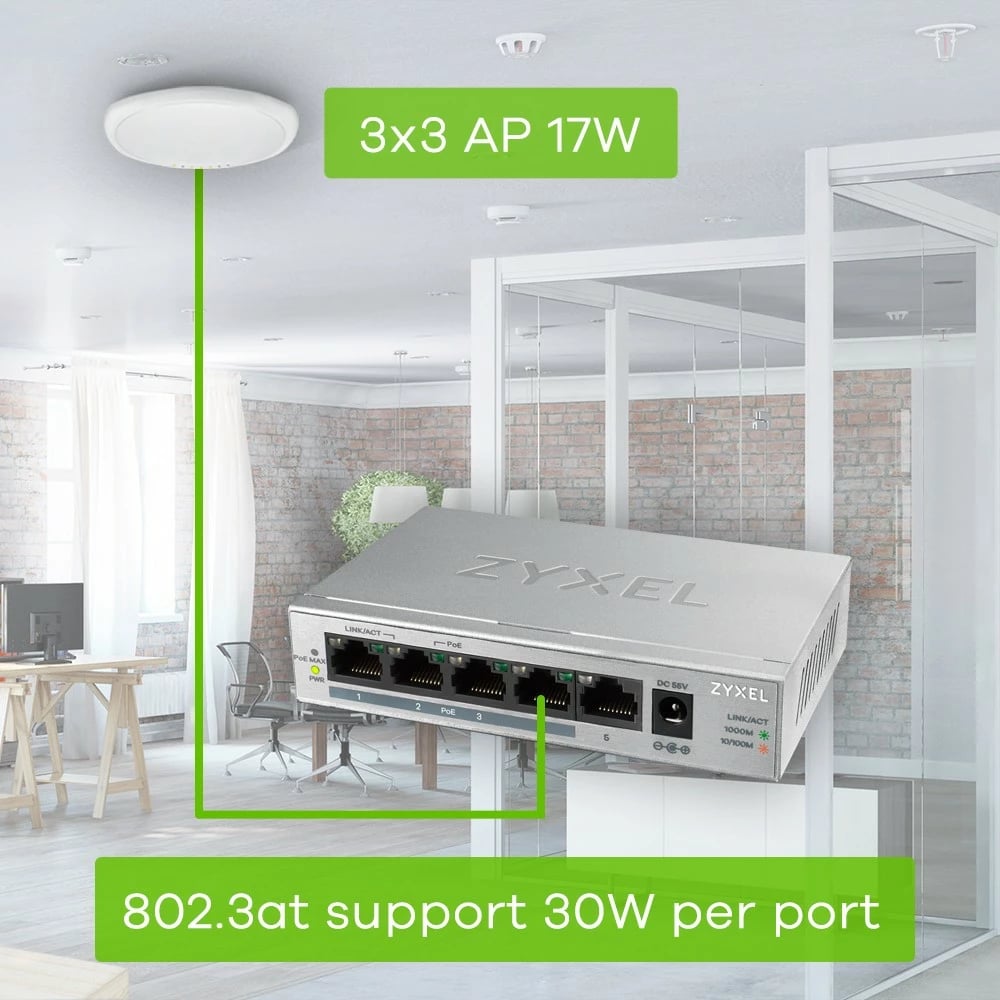 Switch Zyxel GS1005HP, Unmanaged, Gigabit Ethernet, PoE, Argjendtë