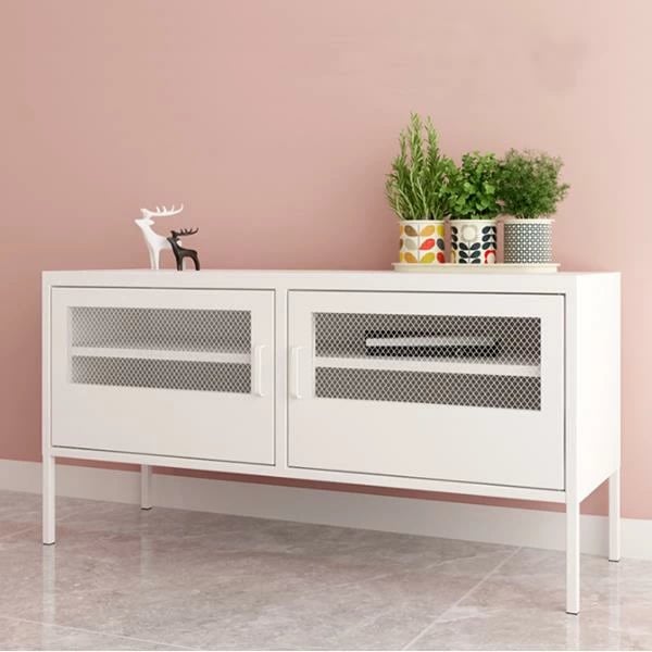 TV komodinë metalike Nextdeco me dyer të hapura, e bardhë H60x118x40cm