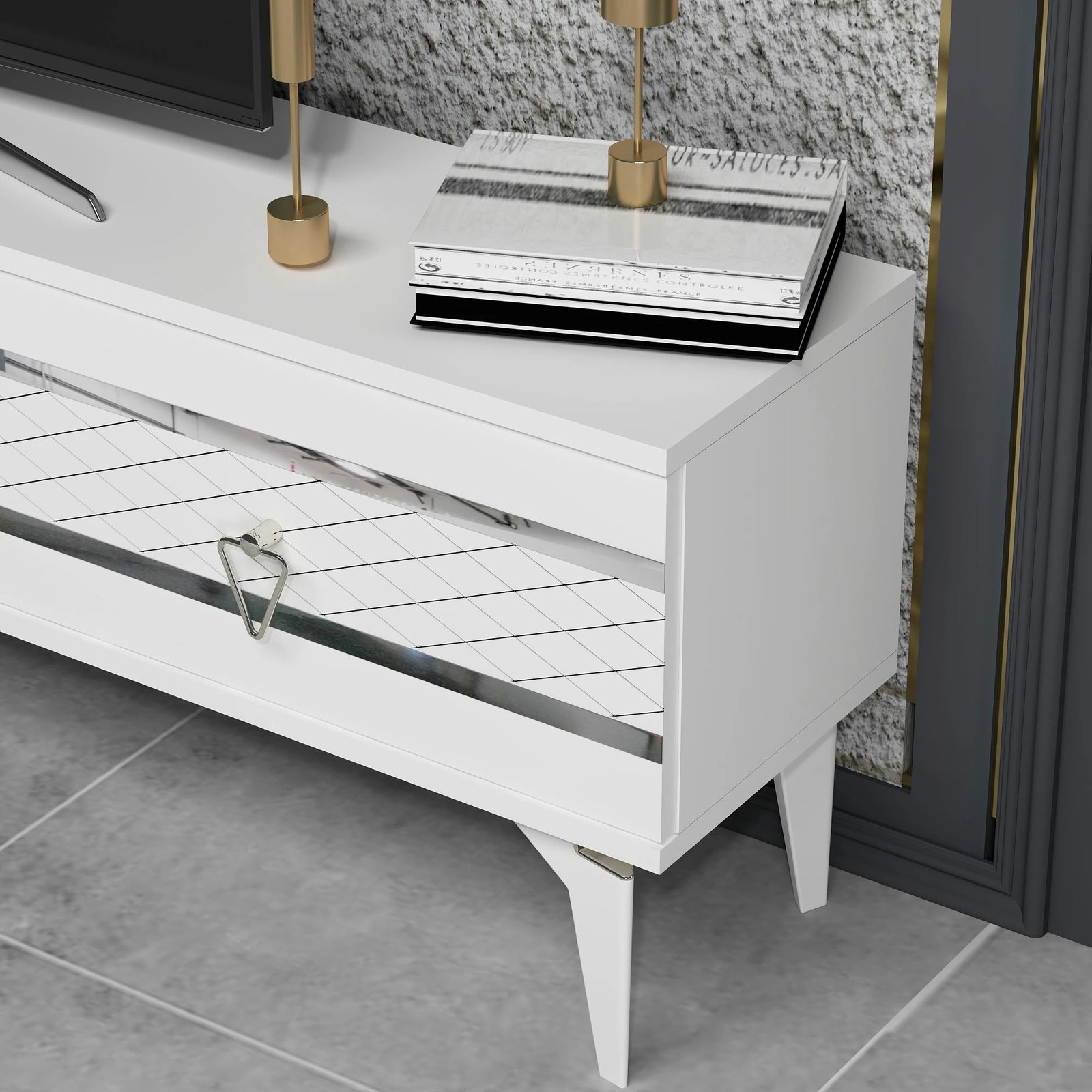 Komodë TV Skye Decor, e bardhë, argjend