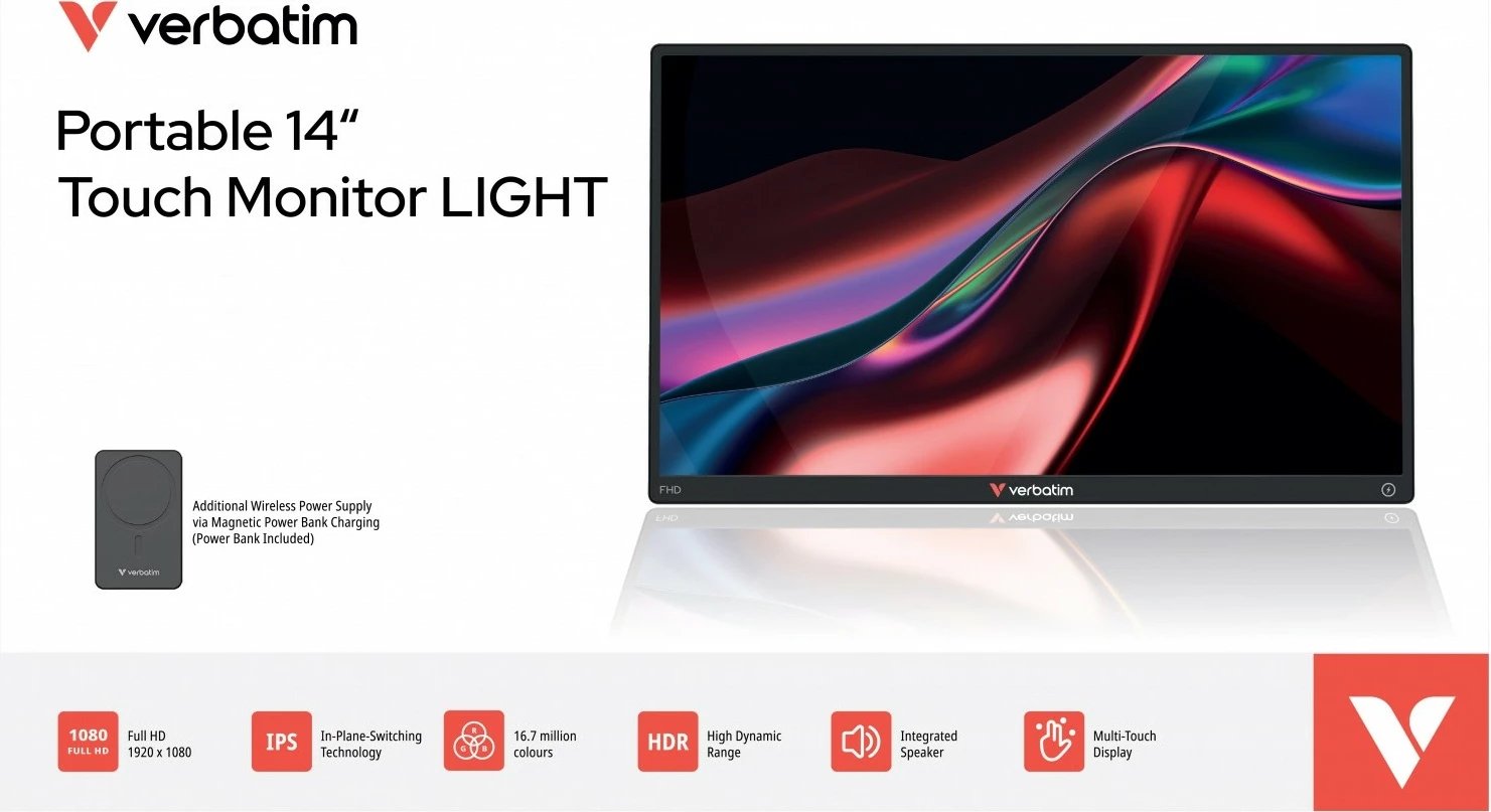 Monitor portabël me prekje, Verbatim, GMVE32088PLG Light 14-inch FHD IPS 60Hz, 10-point touch, 2x USB-C + HDMI, altoparlantë të integruar, me power bank 5000mAh, i zi