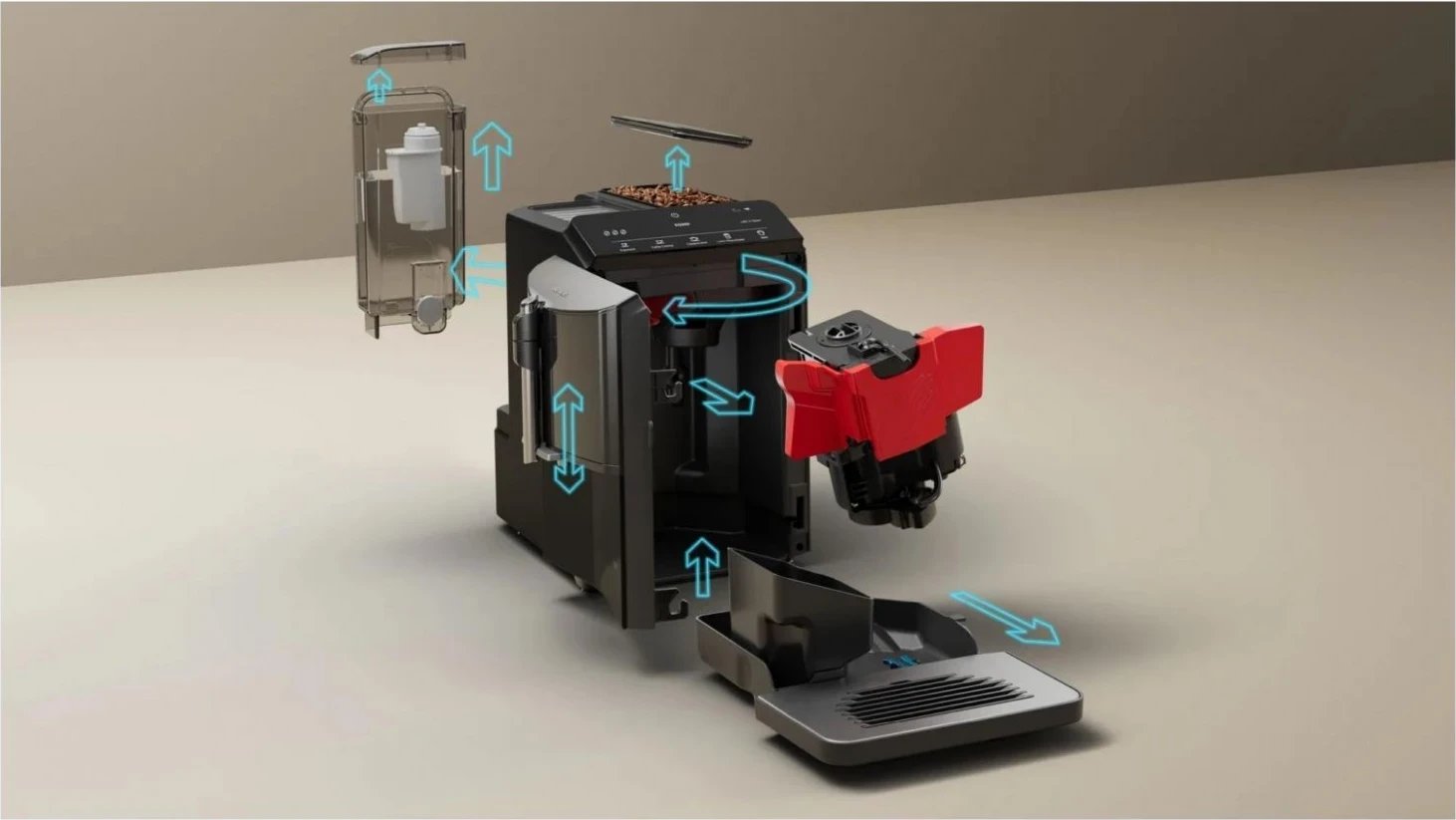 Makina e kafes Siemens EQ300 TF301E09, me regullim të gradës së bluarjes së kafes, e zezë