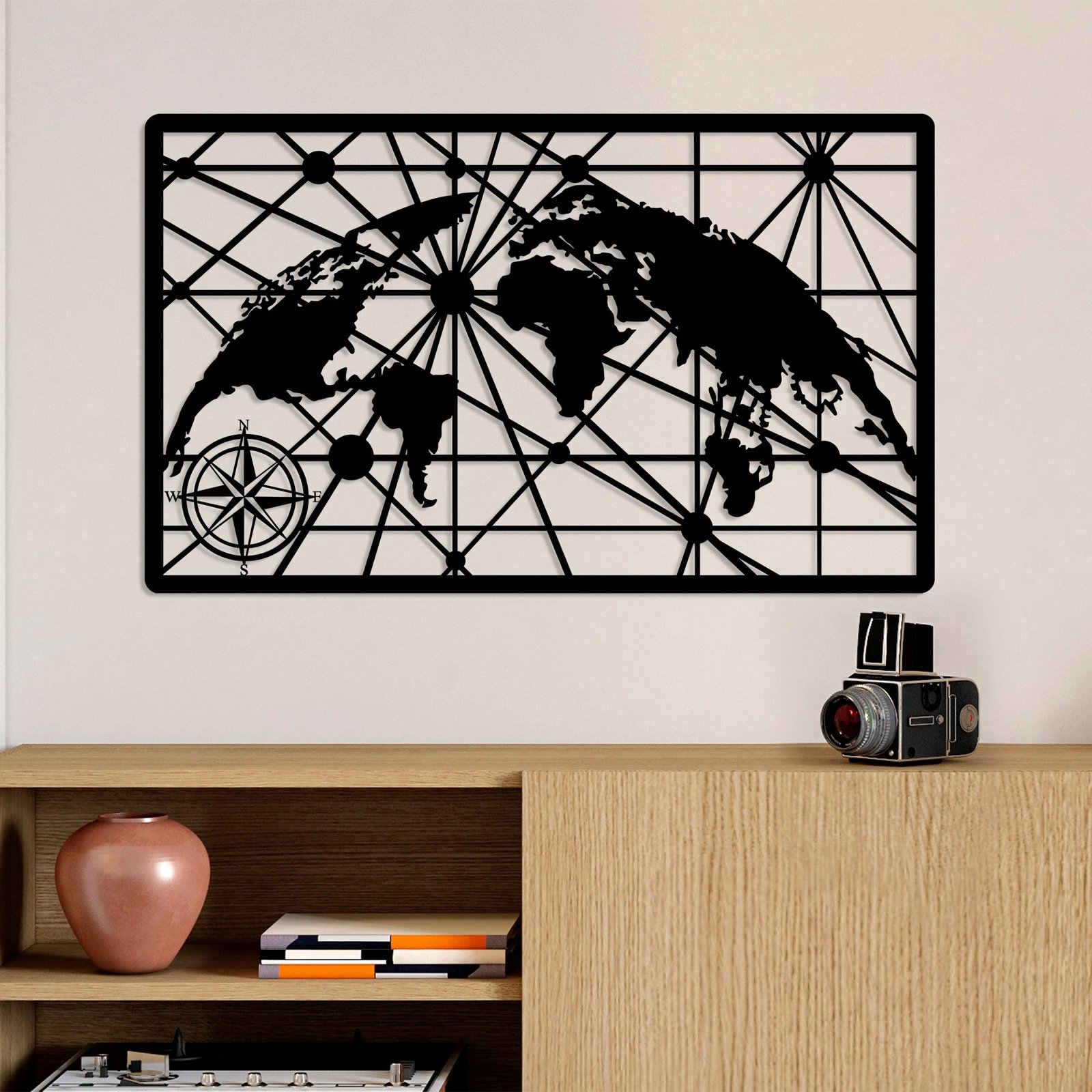 Aksesor dekorativ metalik për mur, hartë bote, Wallity, 40x66cm, e zezë