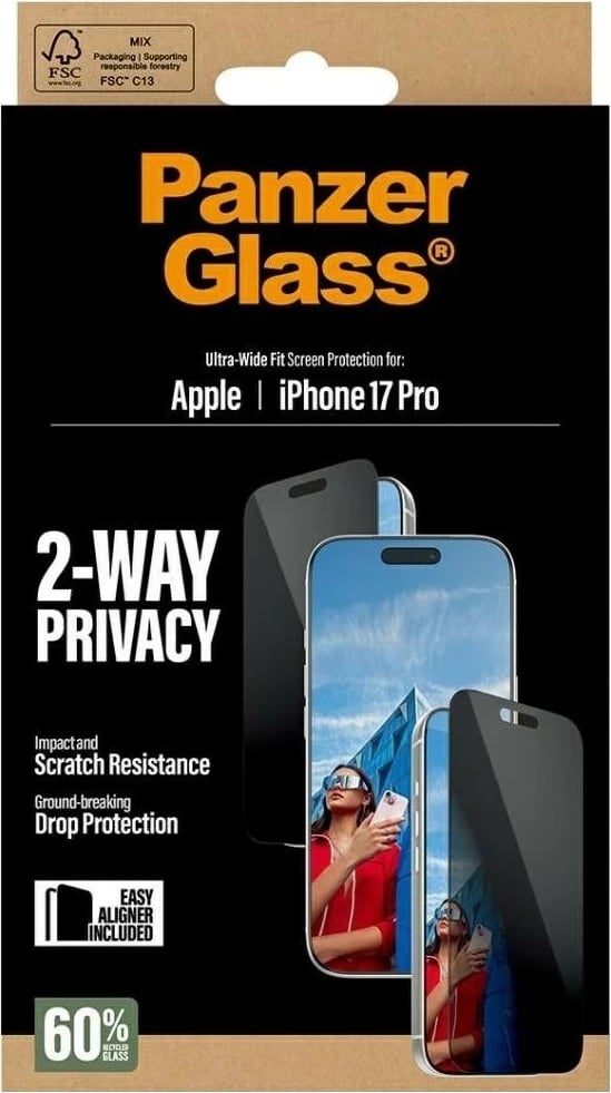 Mbështjellës PanzerGlass Ultra-Wide Fit EasyAligner për iPhone 17 Pro, privacy glass, e zezë