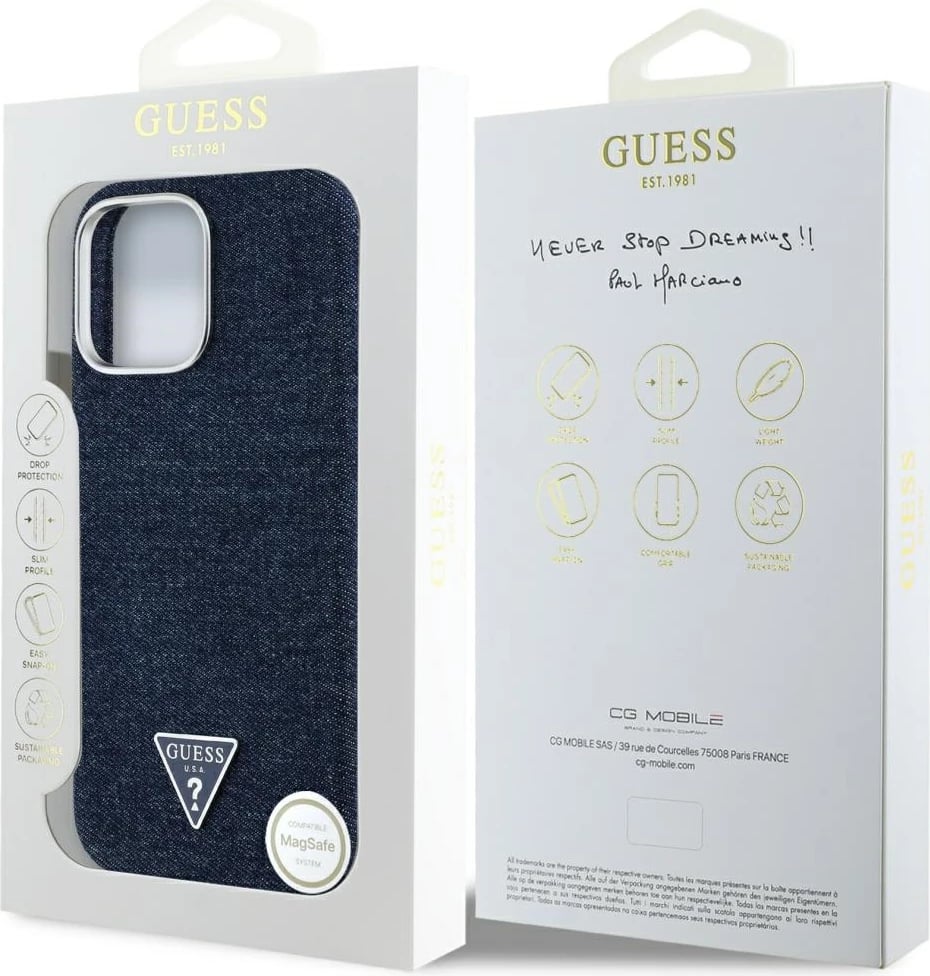 Mbështjellës Guess Denim Triangle Logo MagSafe për iPhone 16 Pro, Kaltër