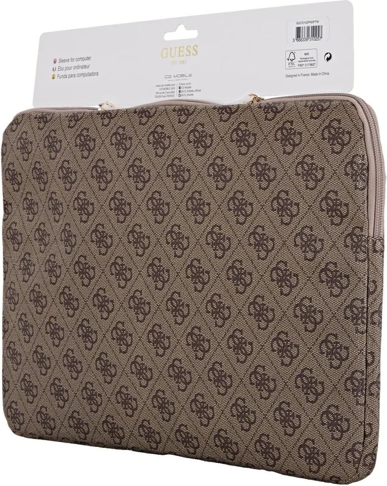Mbështjellës laptop Guess 4G Zipper Pocket Triangle Logo, 14", Kafe