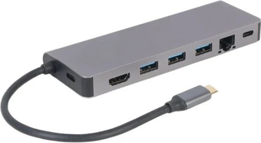 Kasë USB-C Gembird A-CM-COMBO5-05, 6 porte, HDMI, LAN, SD/microSD, Zezë/Argjendtë