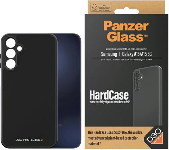 Mbështjellës PanzerGlass HardCase për Samsung Galaxy A15/A15 5G, D3O Bio, i zi, transparent