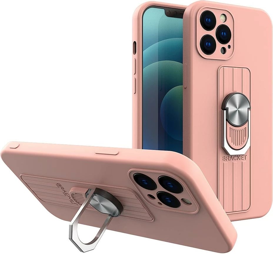Mbështjellës silikoni Hurtel Ring Case me mbajtëse gishti dhe qëndrim për Samsung Galaxy A72, Rozë